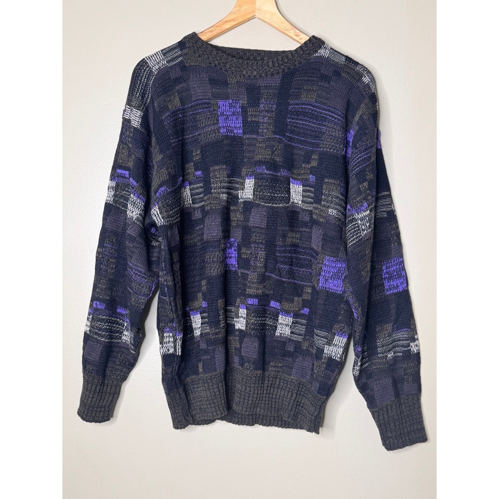 MTO International Mens Vintage 90s Geometric Knit Sweater Purple Gray Medium